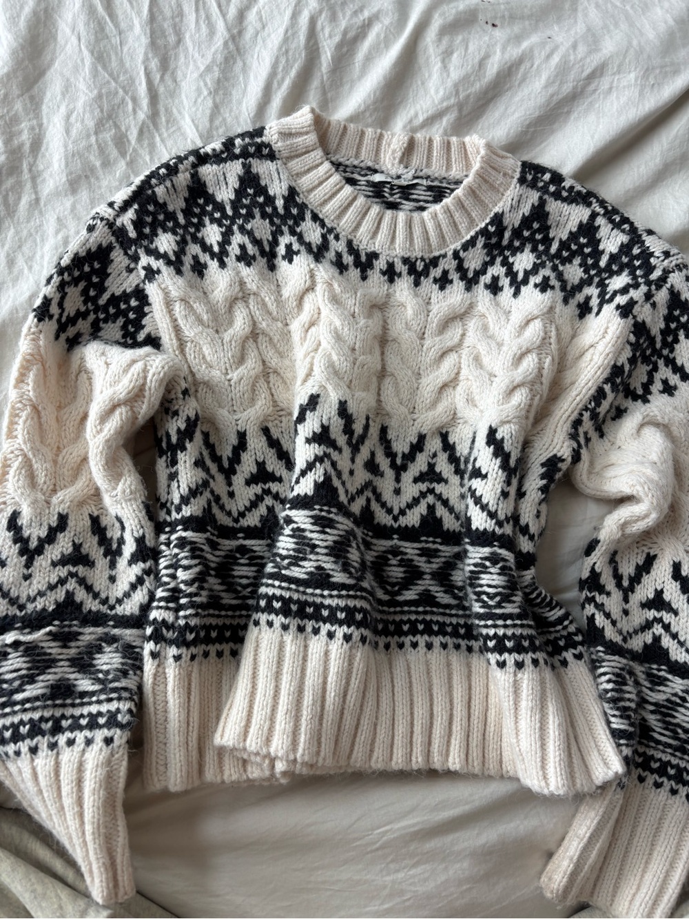 Z Supply Black & Cream Fair Isle Cable Knit Sweater